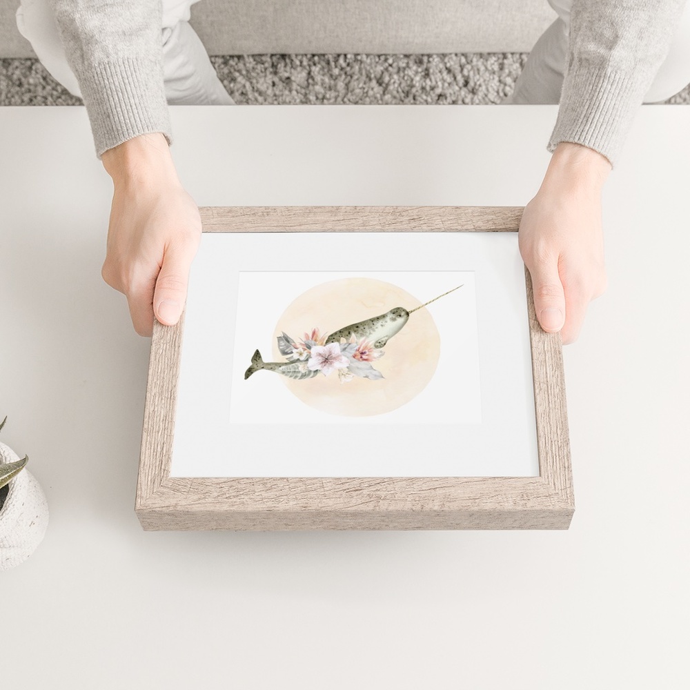 Watercolor Floral Narwhal Wall Art Illustration Print Poster Card Unframed - Picture 2 of 5
